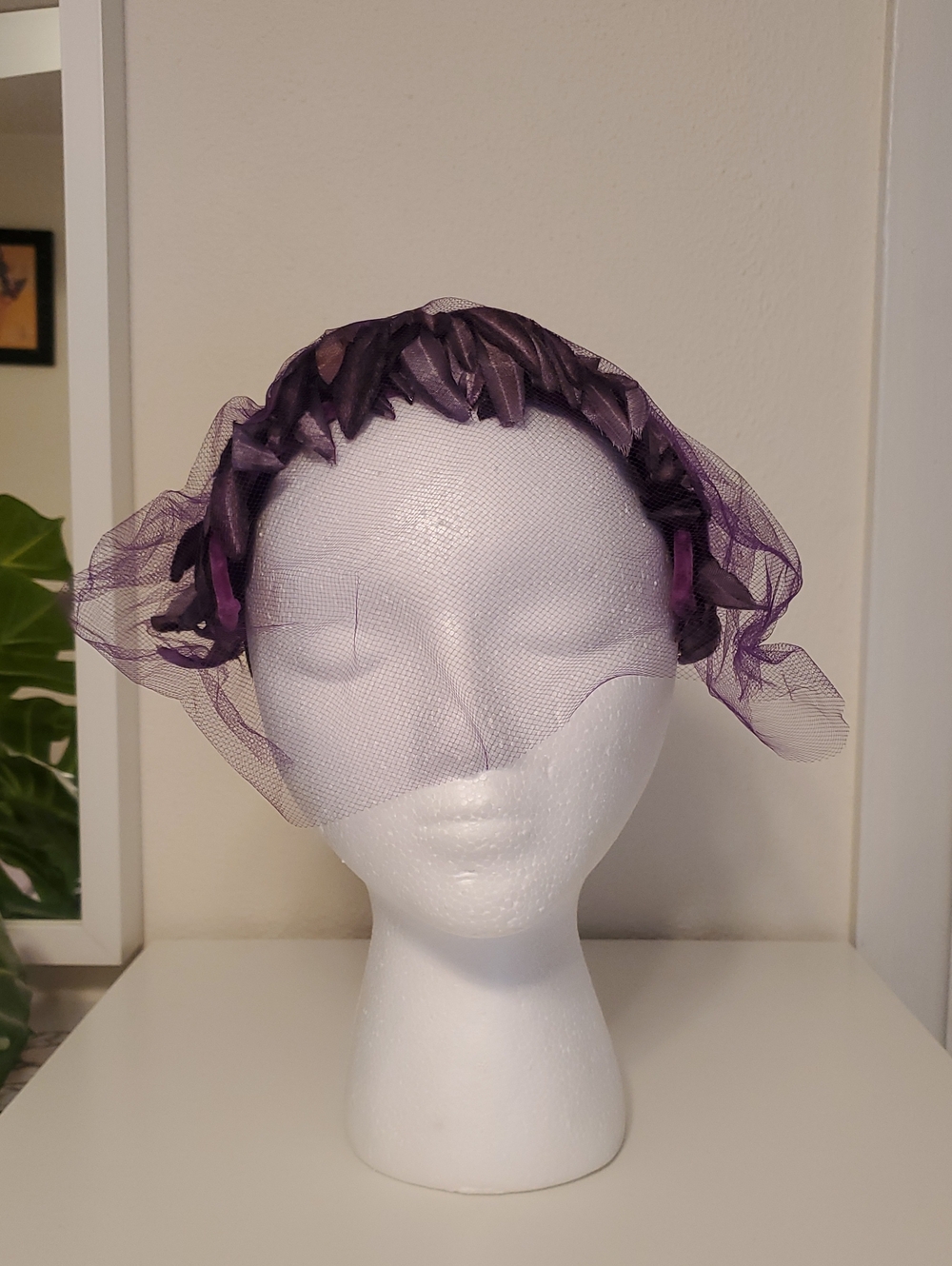 1950s Lucy Purple Velvet Bow Net Retro Feather Vintage Cocktail Hat Topper Pinup